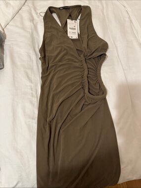 Zara One-Shoulder Olive Twist Ruched Dress